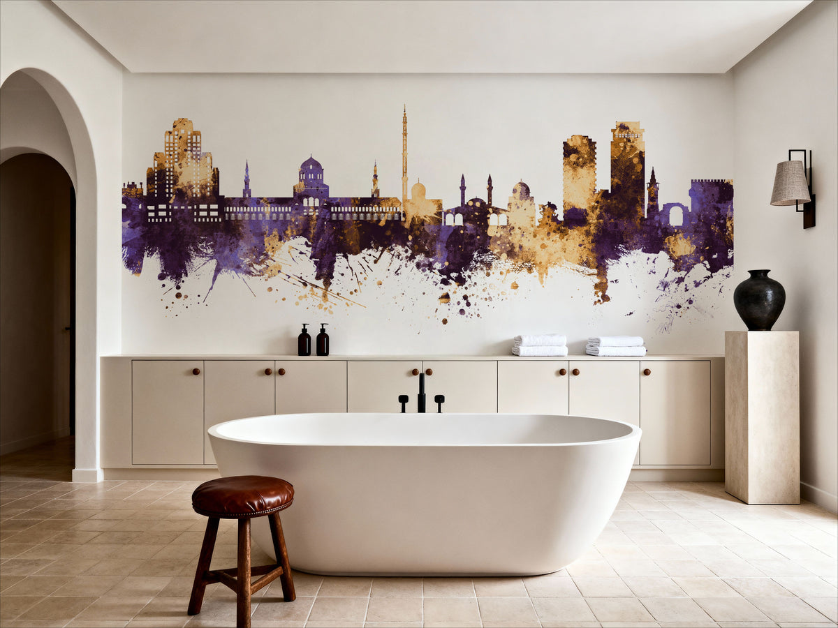 Damascus Syria Skyline Purple & Gold Mural Wallpaper - room preview 02