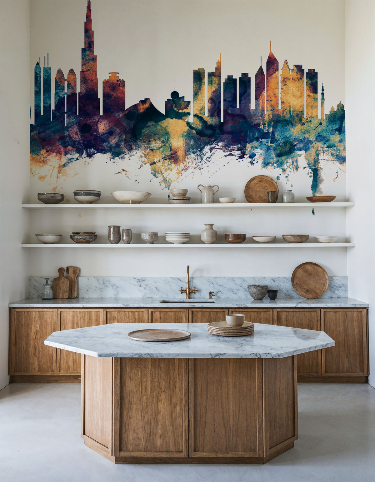 Dubai Skyline Blue & Bronze Mural Wallpaper - room preview 02