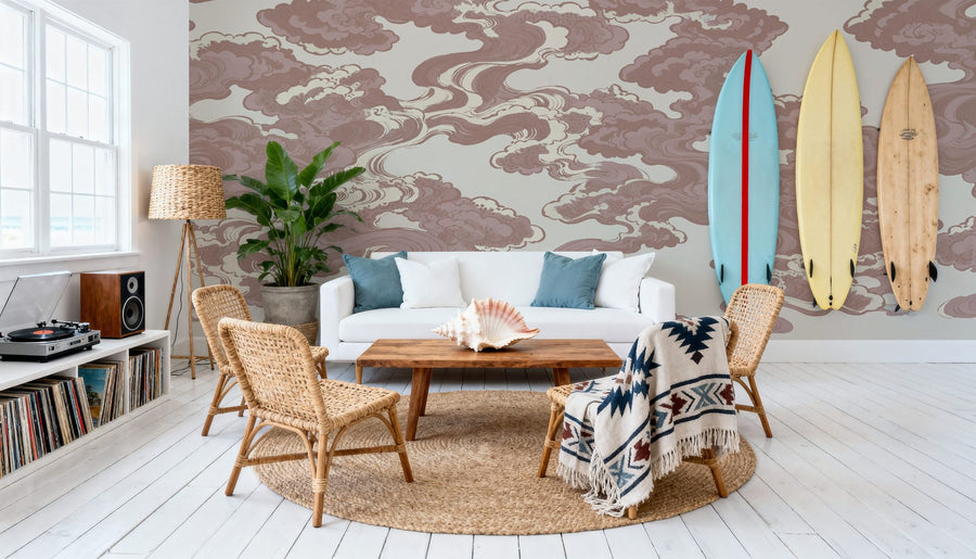 Cloud Wallpaper Mural – Sky Wall Mural – Ukiyo-e Clouds, Dusty Rose