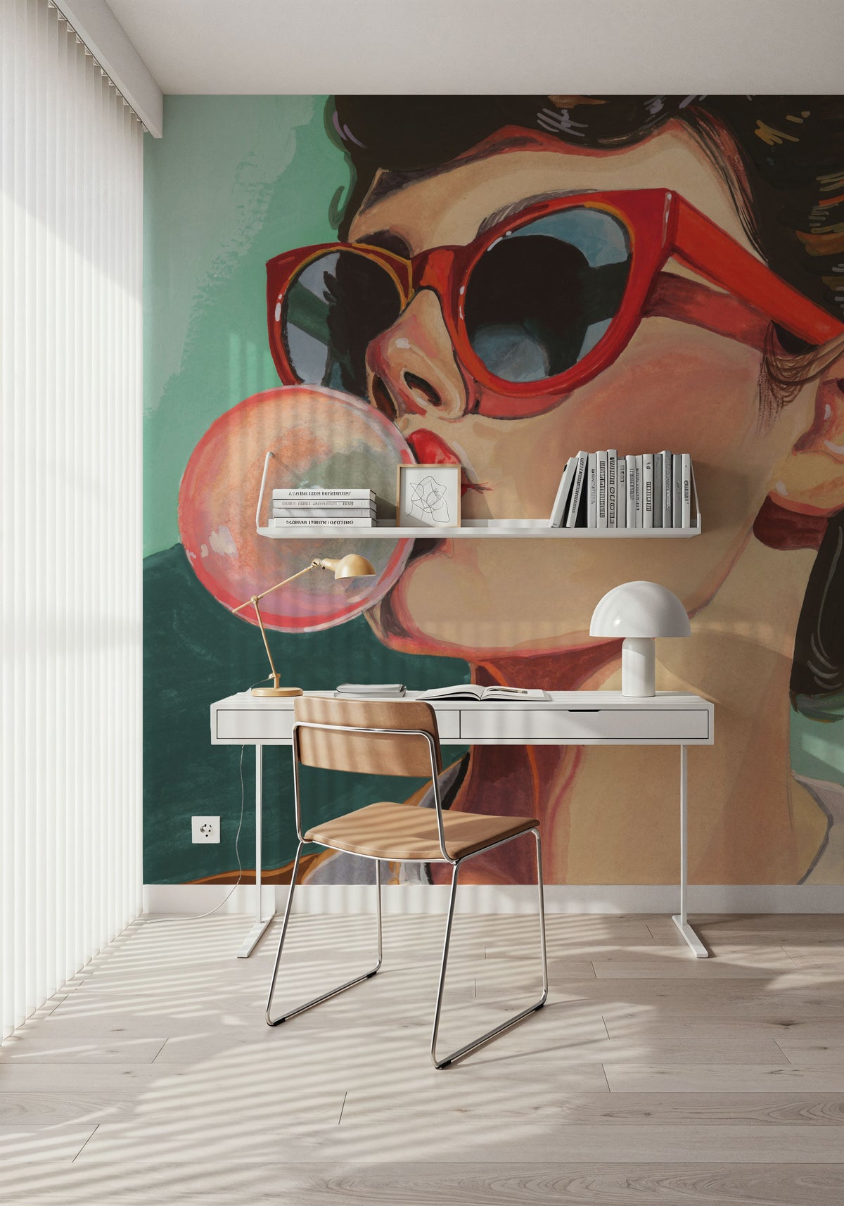 Retro Bubblegum Girl Teal Mural Wallpaper - room preview 02