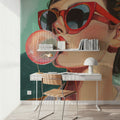 Retro Bubblegum Girl Teal Mural Wallpaper - room preview 02