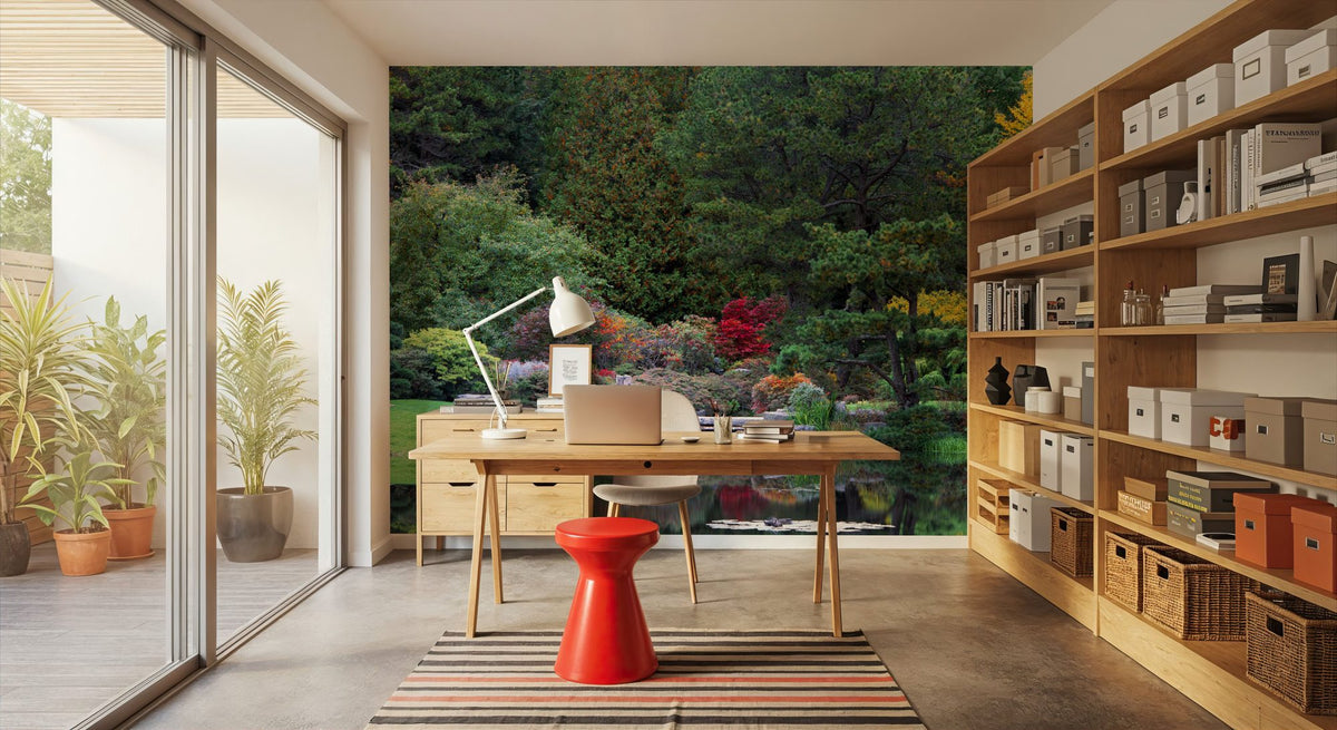 Autumn Bridge Reflection Mural Wallpaper - room preview 02