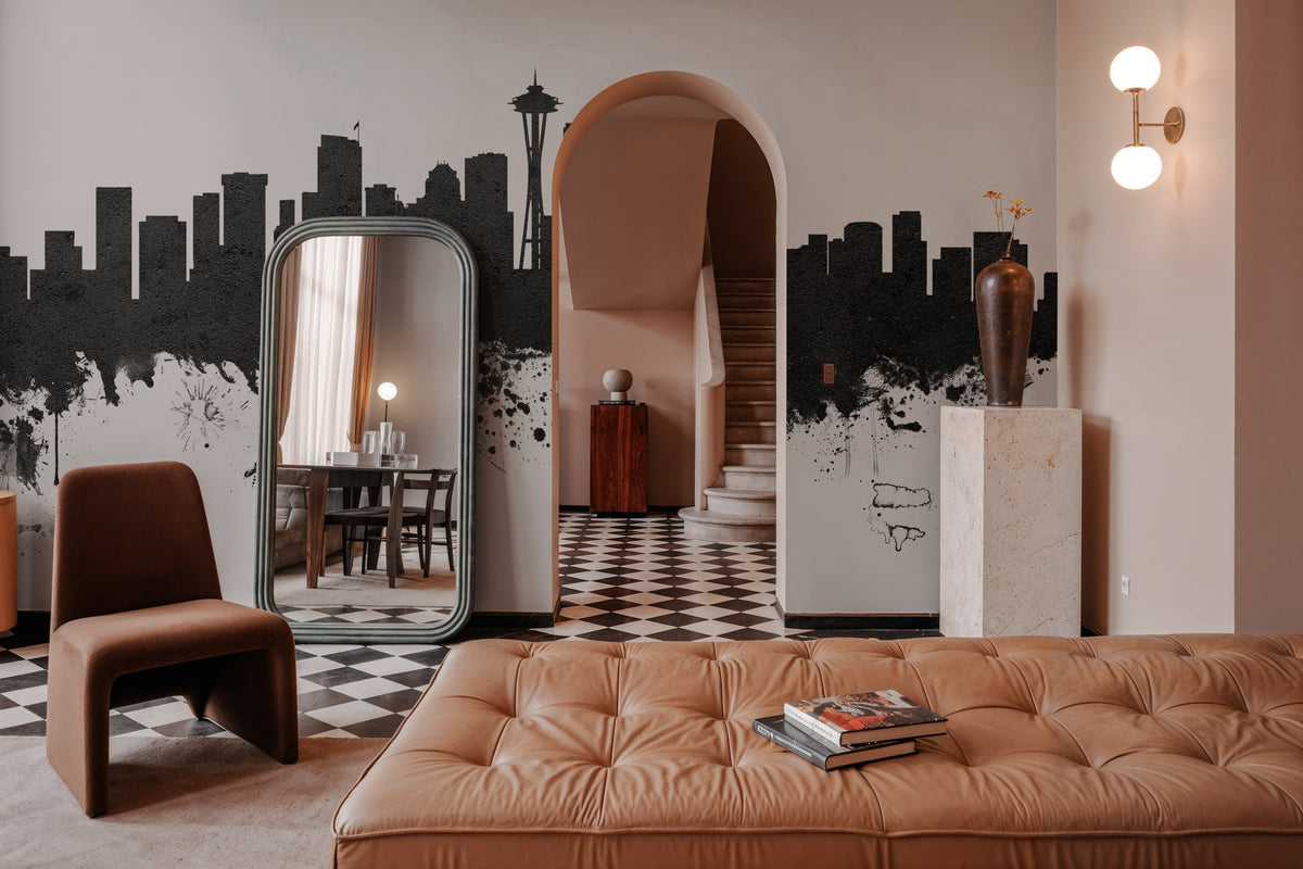 Seattle Skyline Black & White Mural Wallpaper - room preview 02