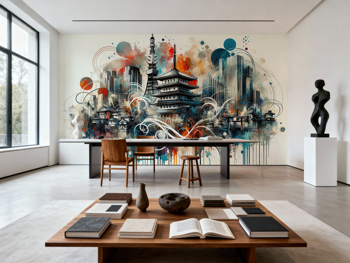 Watercolor Skyline Tokyo I Mural Wallpaper - room preview 02