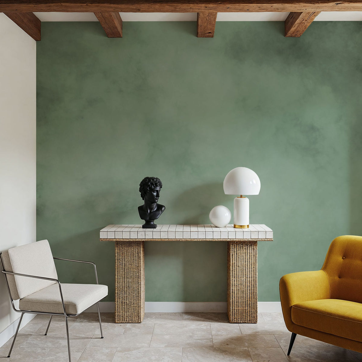 Soft Fog, Moss Green Mural Wallpaper - room preview 02