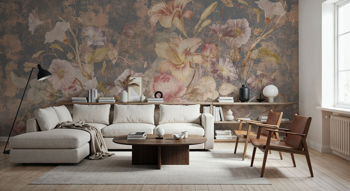 Floral Grunge Singing Mural Wallpaper - Red Tone - room preview 02