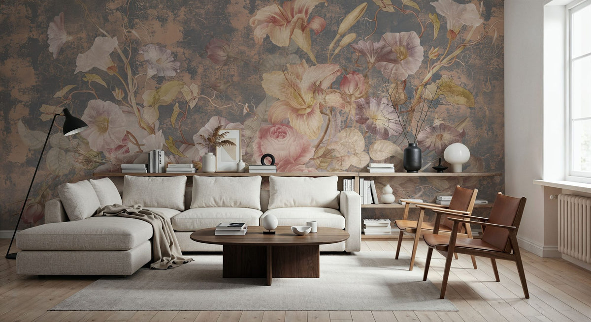 Floral Grunge Singing Mural Wallpaper - Red Tone - room preview 02