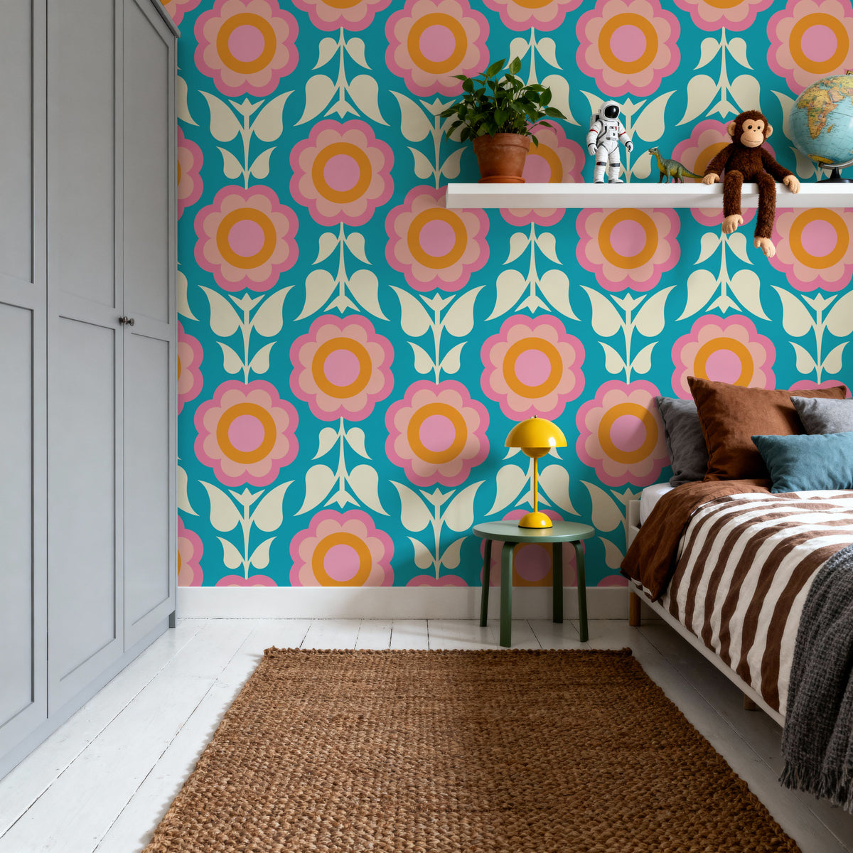 Retro Bold Blooms, Pastel Mural Wallpaper - room preview 02