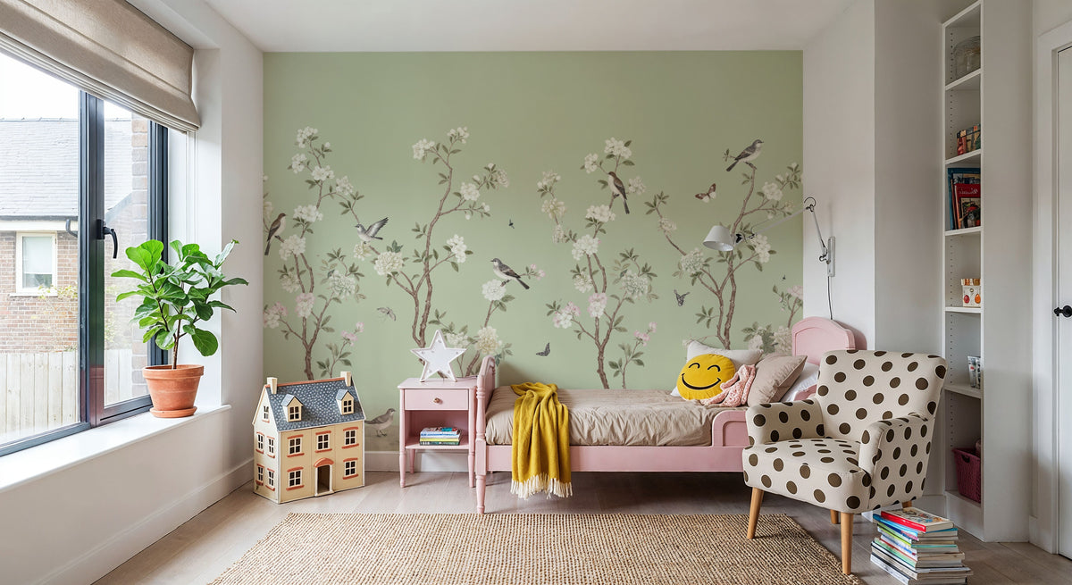 Peony Tree, Mint Mural Wallpaper - room preview 02