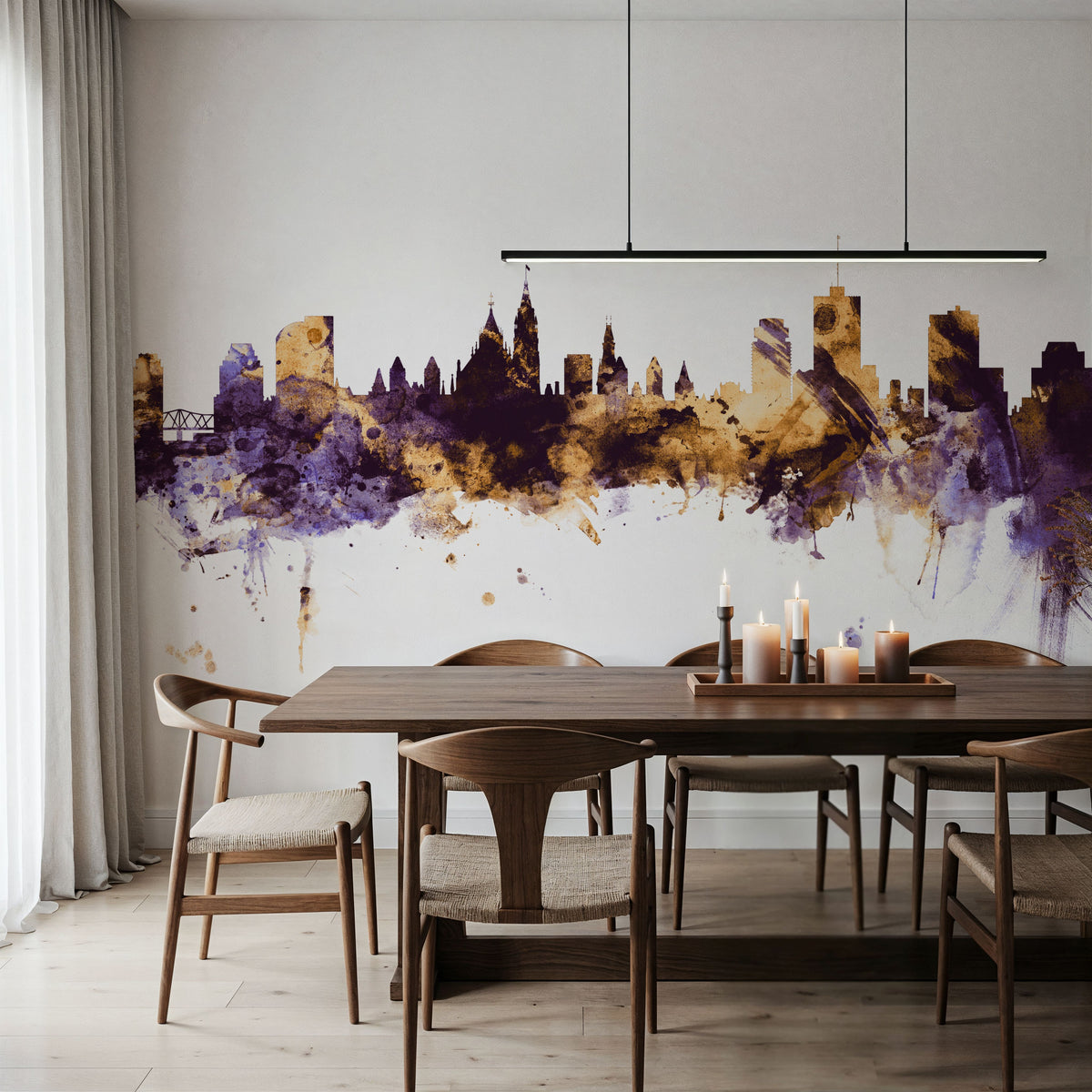 Ottowa Canada Skyline Purple & Gold Mural Wallpaper - room preview 02