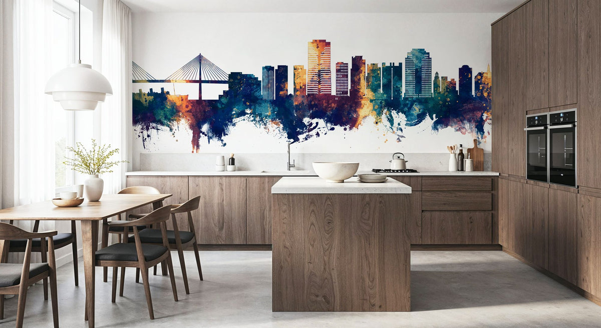 Long Beach California Skyline Blue & Bronze Mural Wallpaper - room preview 02