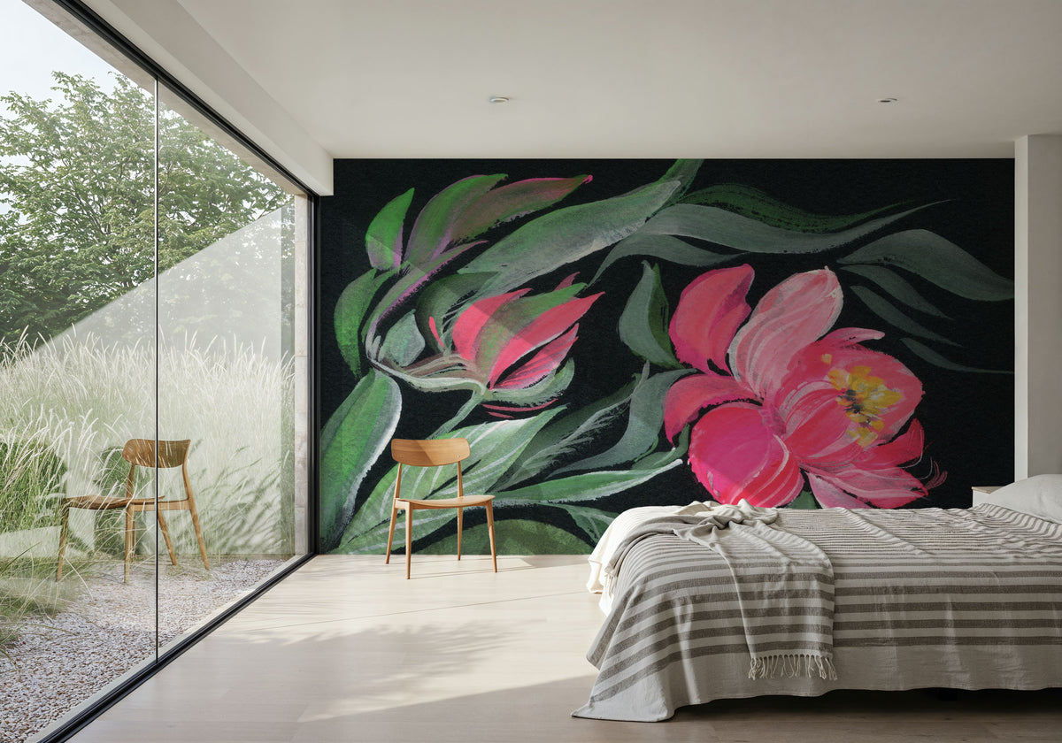 Peony on Black Mural Wallpaper - room preview 02