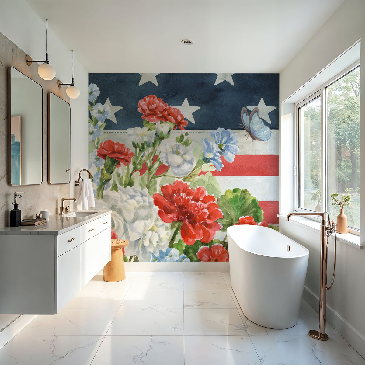 Red White and Blue Floral VI Mural Wallpaper - room preview 02
