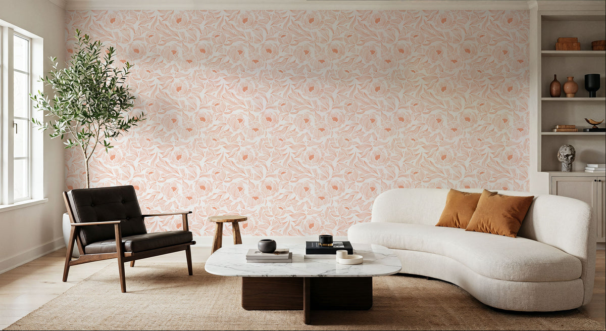Hidden Peonies, Orange on White Mural Wallpaper - room preview 02