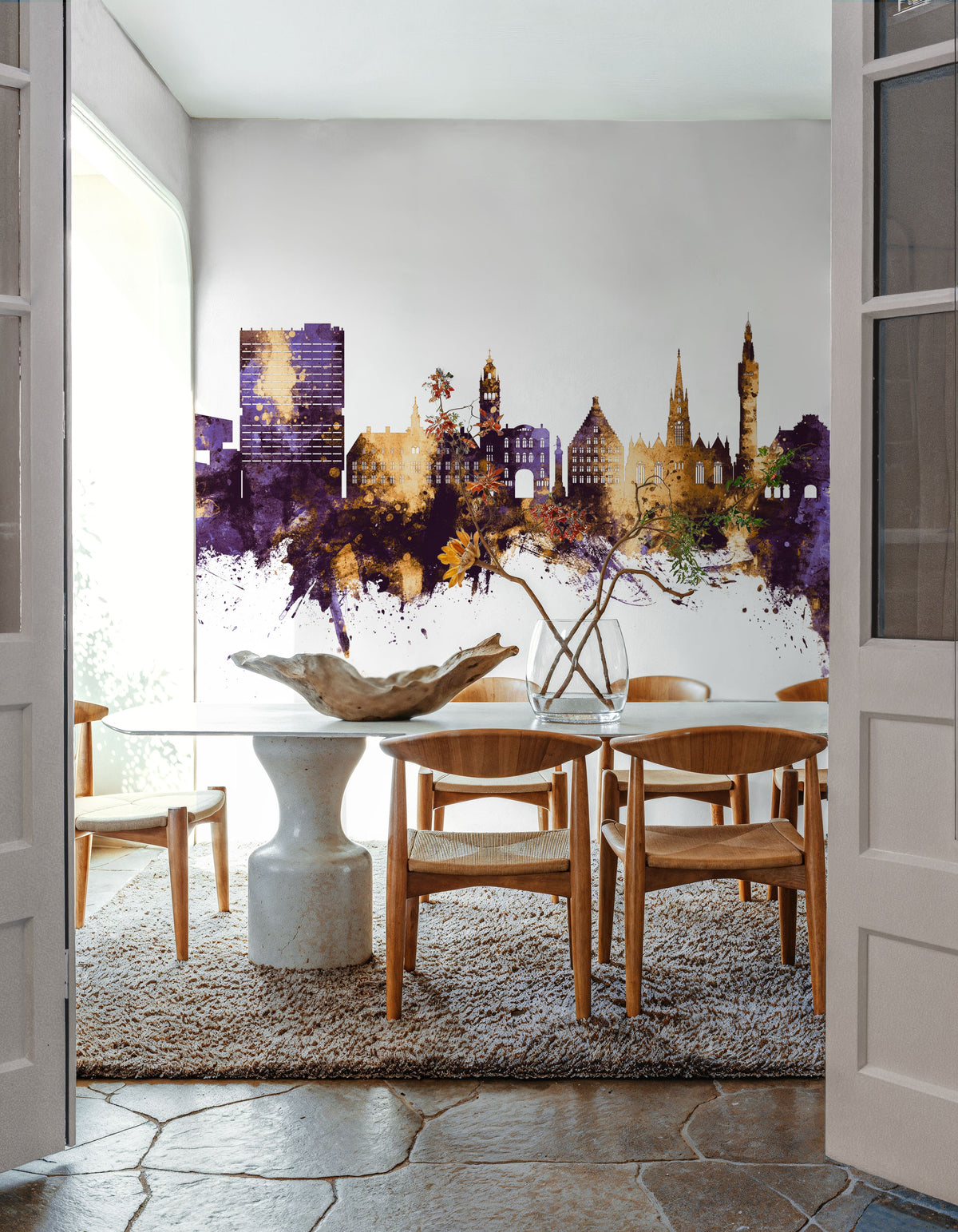 Lille France Skyline Purple & Gold Mural Wallpaper - room preview 02