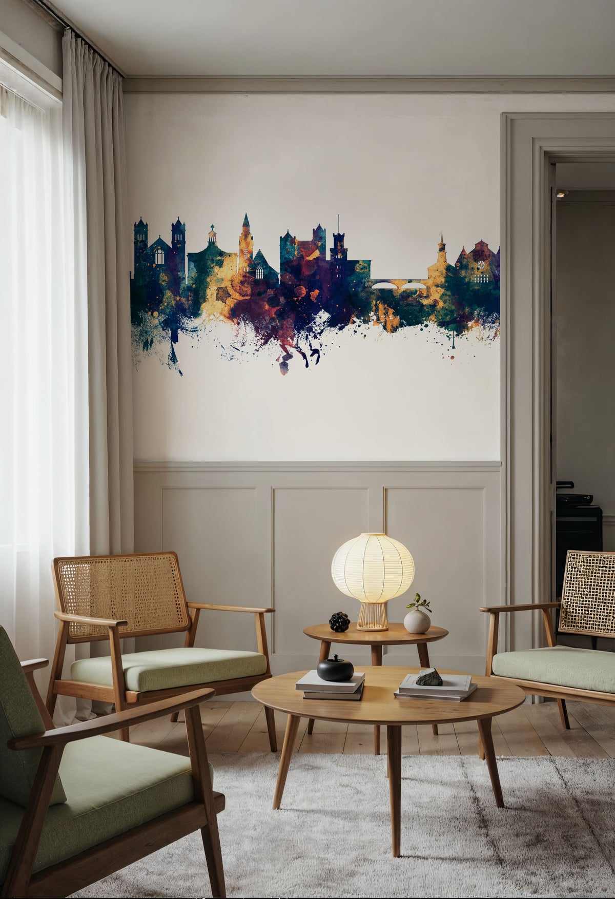 Nashua New Hampshire Skyline Blue & Bronze Mural Wallpaper - room preview 02