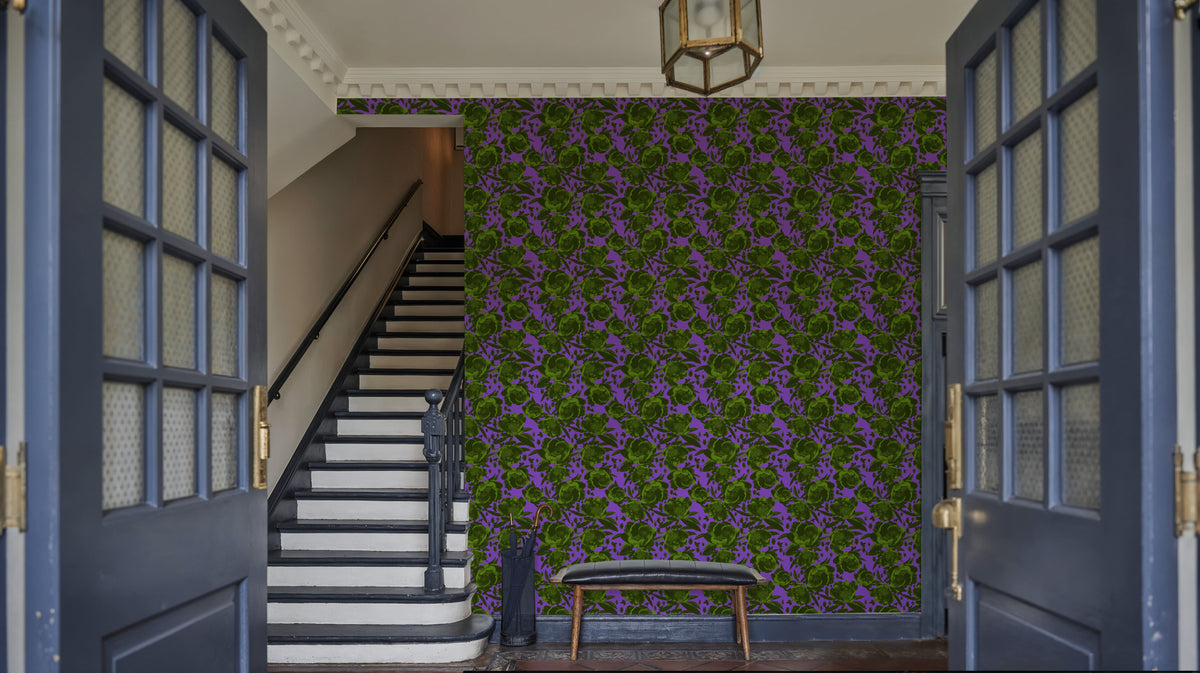 Pop Peonies, Green & Purple Mural Wallpaper - room preview 02
