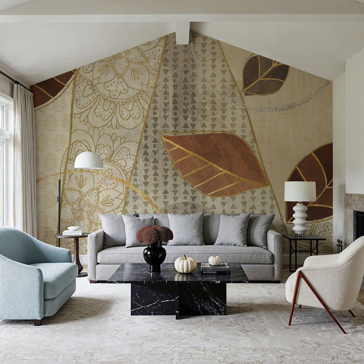 Bohemian Leaves IV Neutral Mural Wallpaper - room preview 02
