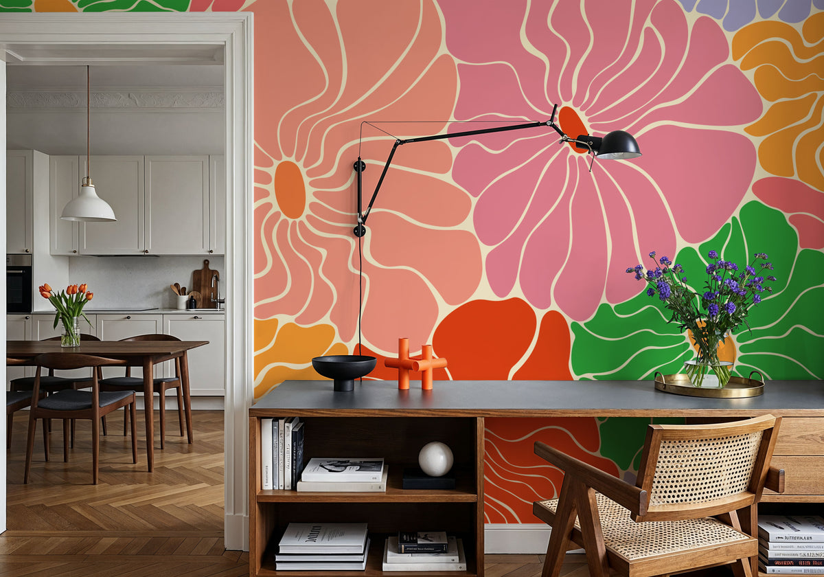 Cool Fluid Flowers Mural, Bright Multi Mural Wallpaper - room preview 02