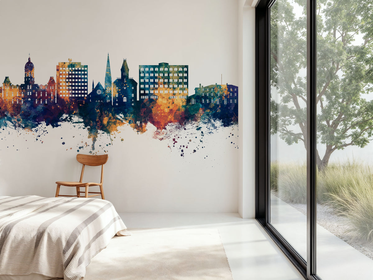 Fredericton Canada Skyline Blue & Bronze Mural Wallpaper - room preview 02