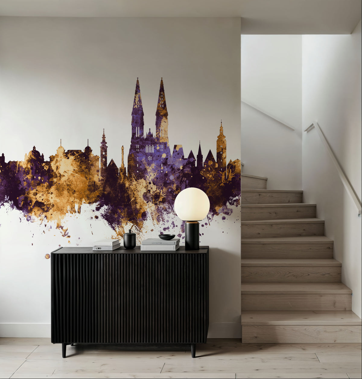 Zagreb Croatia Skyline Purple & Gold Mural Wallpaper - room preview 02