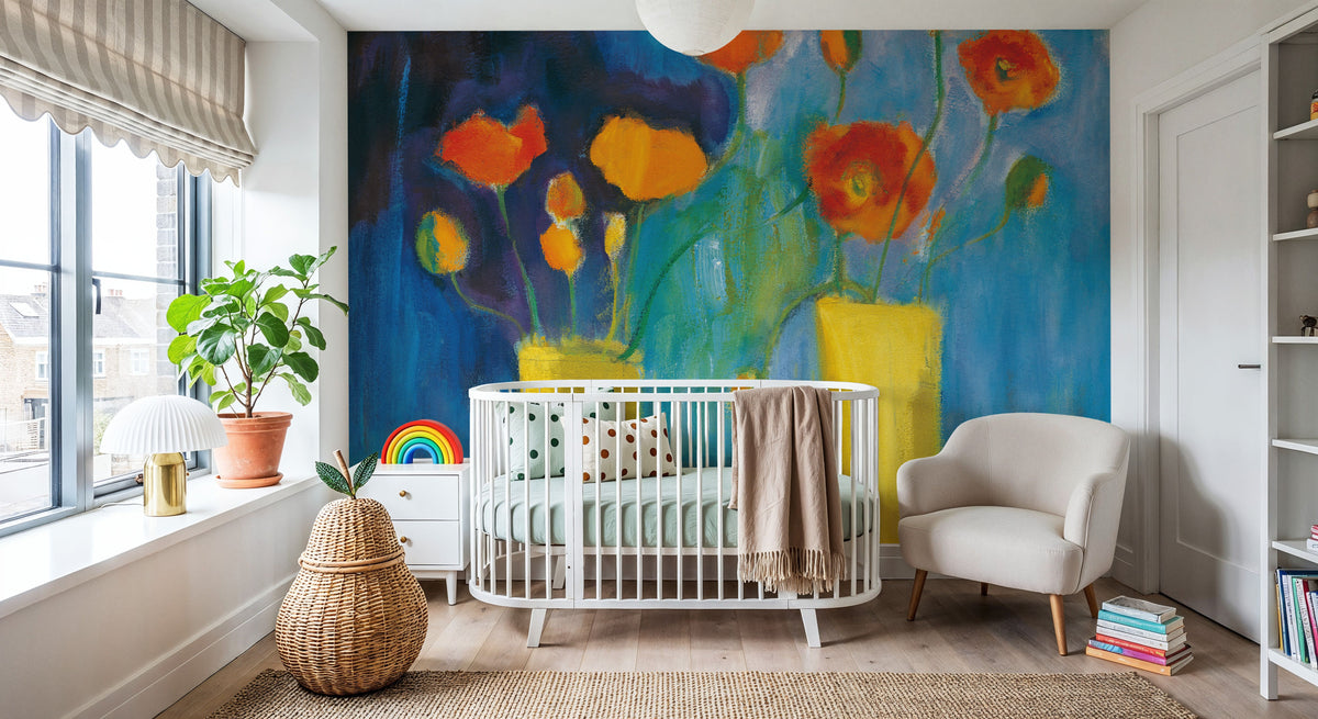 Cadmium Orange Poppies on Blue Mural Wallpaper - room preview 02