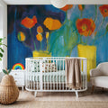 Cadmium Orange Poppies on Blue Mural Wallpaper - room preview 02