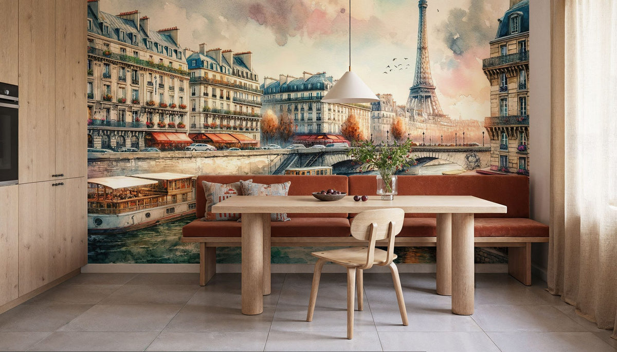 Parisian River Scene with Eiffel Tower Mural Wallpaper - room preview 02