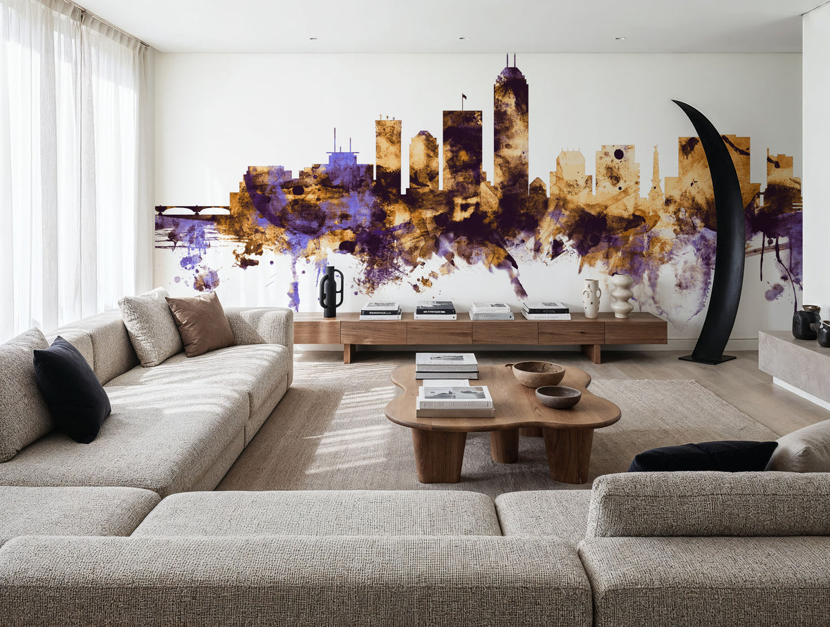 Indianapolis Indiana Skyline Purple & Gold Mural Wallpaper - room preview 02