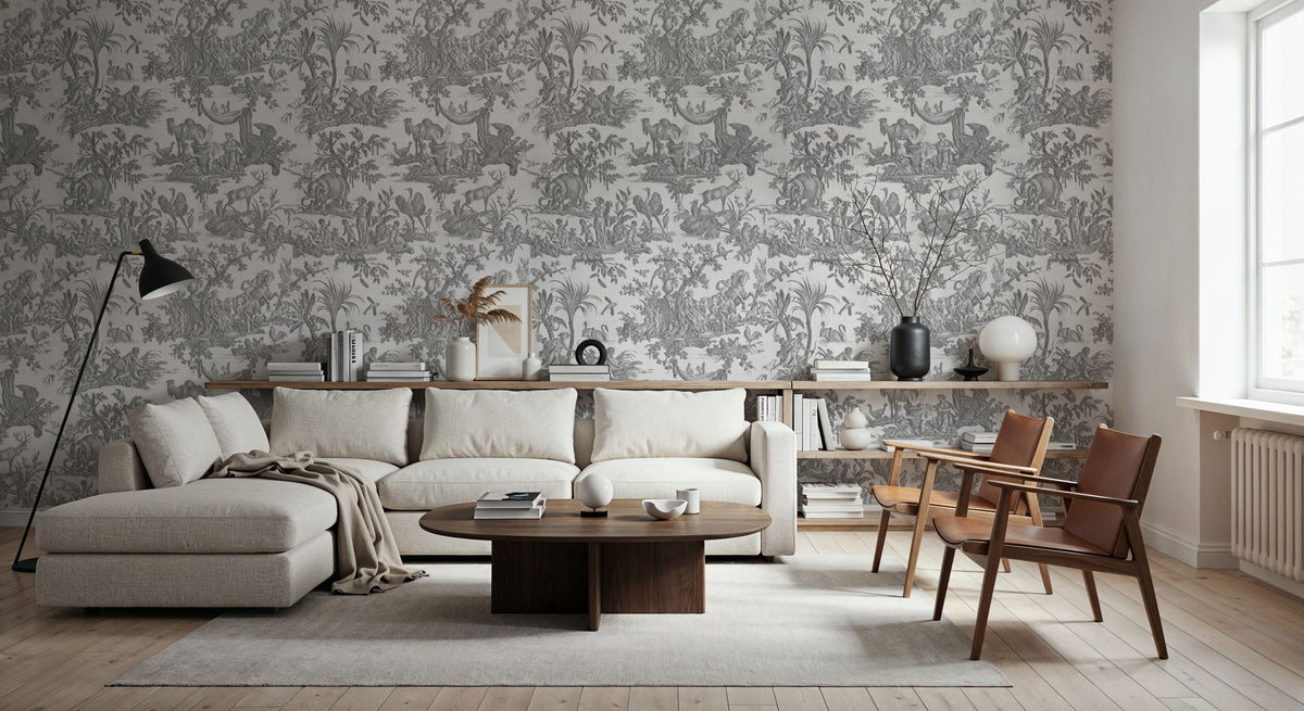 Patinated Linen Toile De Jouy, Stone Mural Wallpaper - room preview 02