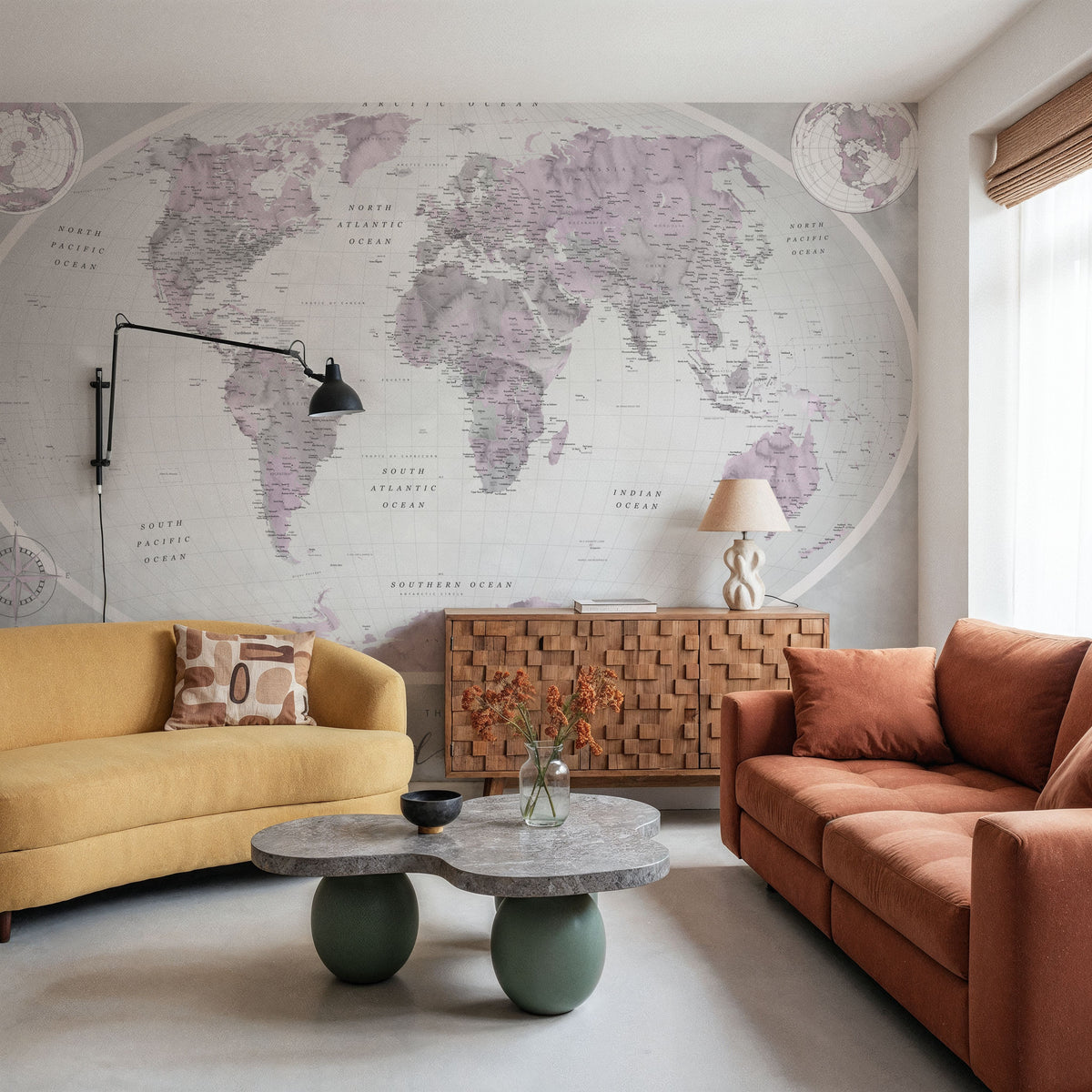 World Map Atlas Pink Mural Wallpaper - room preview 02