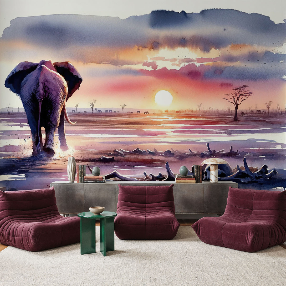 Elephant's Twilight Path Mural Wallpaper - room preview 02
