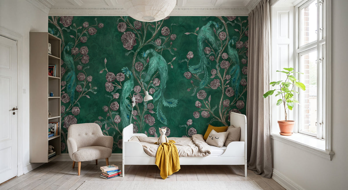 Peacock and Peony Chinoiserie Bottle Green Mural Wallpaper - room preview 02
