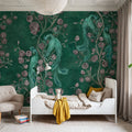 Peacock and Peony Chinoiserie Bottle Green Mural Wallpaper - room preview 02