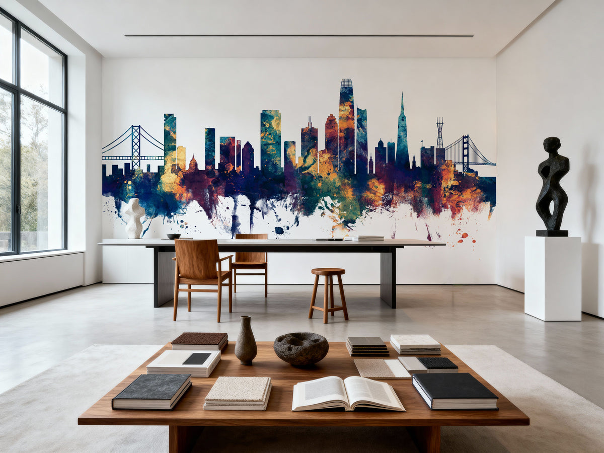 San Francisco Skyline Blue & Bronze Mural Wallpaper - room preview 02