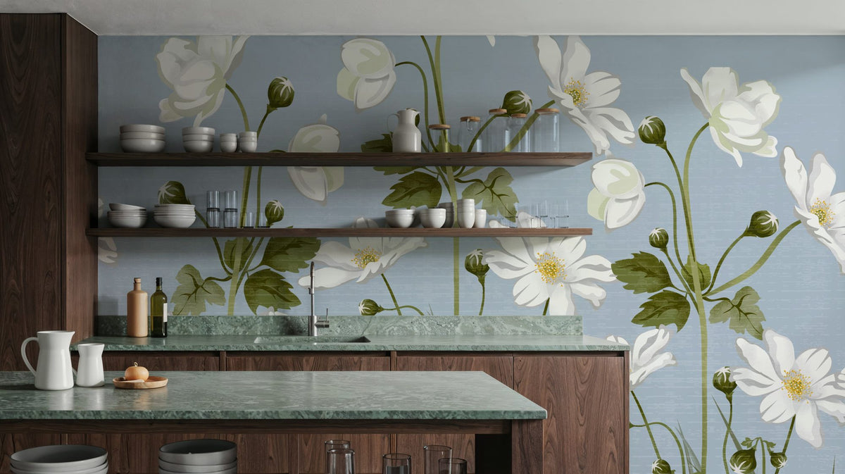 White Anemones, Sky Blue Mural Wallpaper - room preview 02