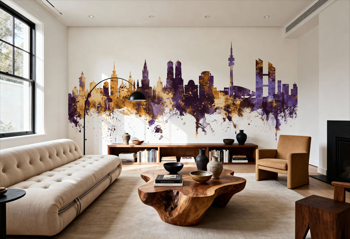 Munich Skyline Purple & Gold Mural Wallpaper - room preview 02