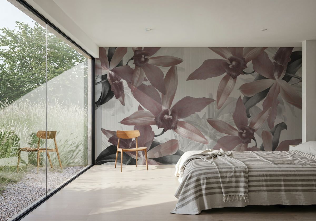 Big Orchids Sepia Light Mural Wallpaper - room preview 02