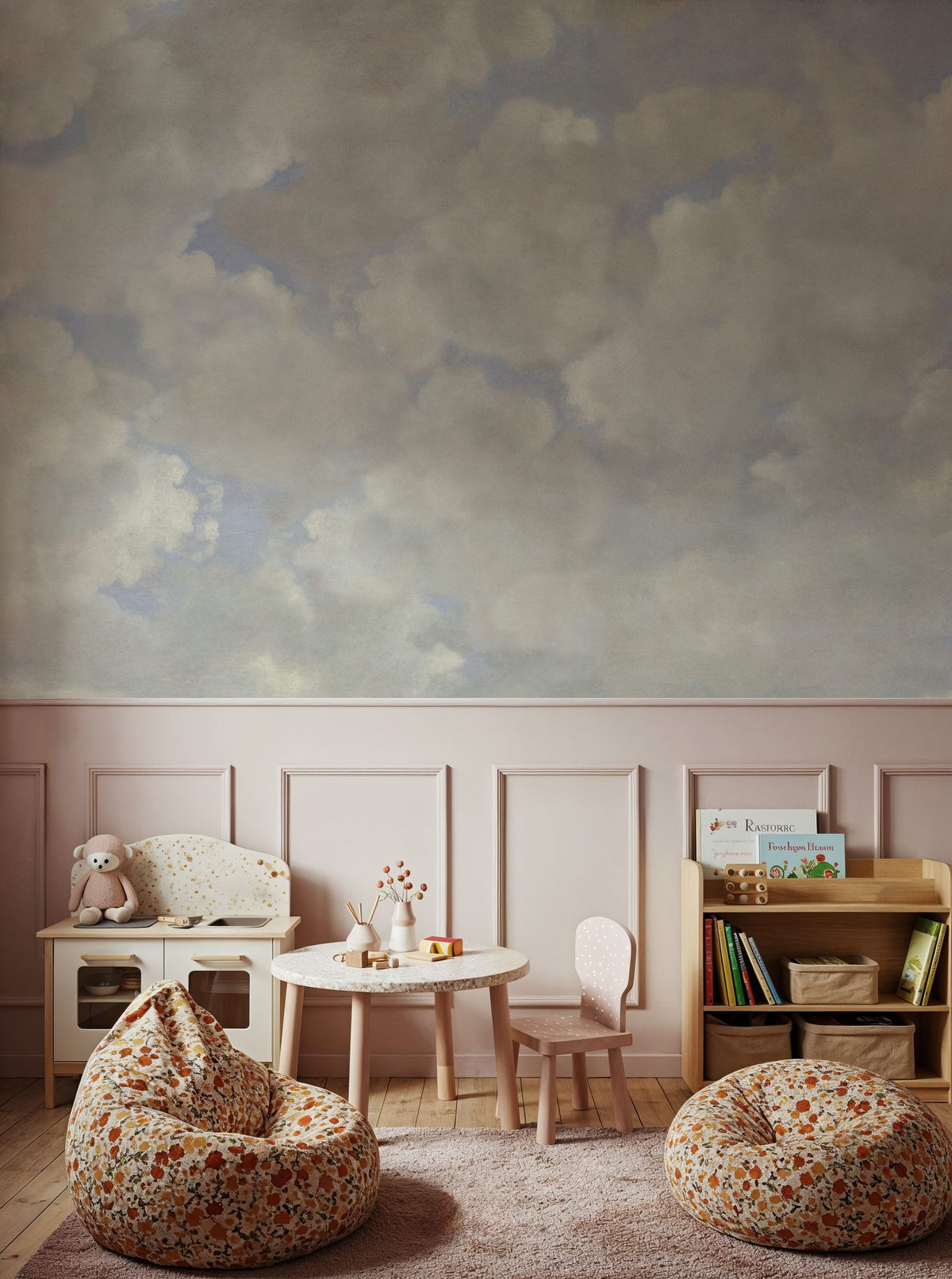 Painted Dreamy Clouds, Vintage Mural Wallpaper - room preview 02