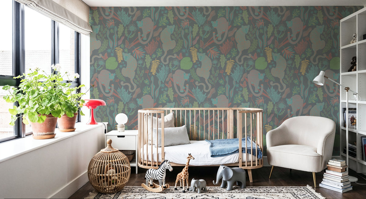 Jungle Leopards Washed Green Mural Wallpaper - room preview 02