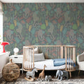 Jungle Leopards Washed Green Mural Wallpaper - room preview 02