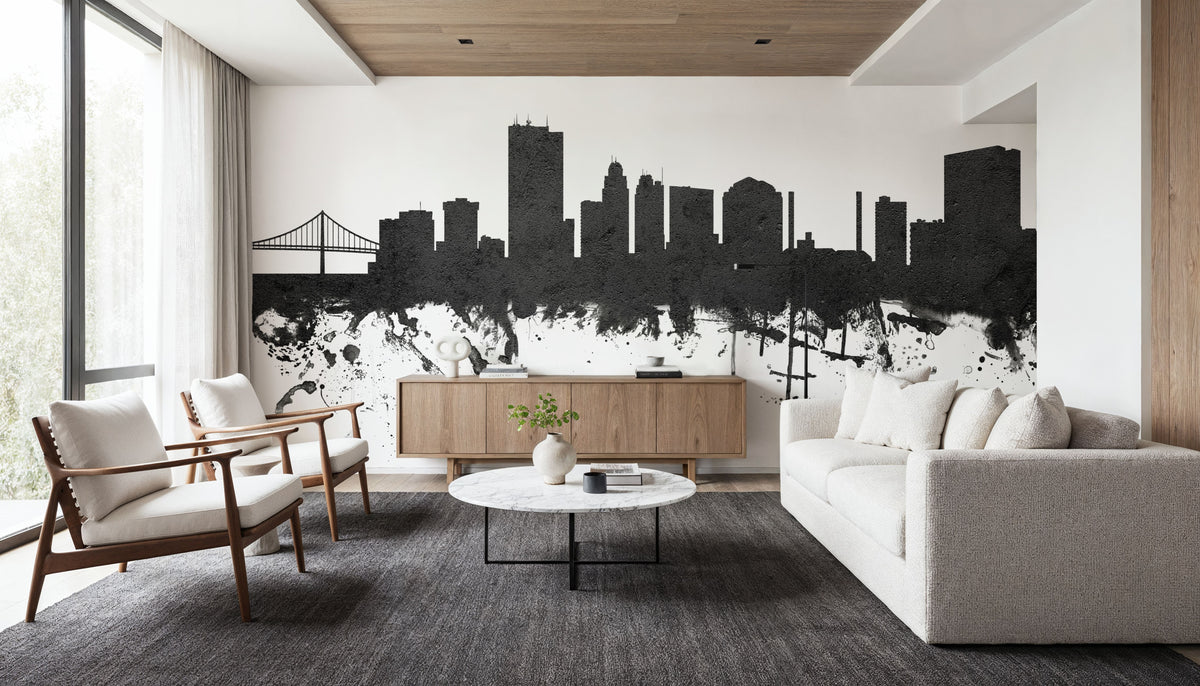 Toledo Ohio Skyline Black & White Mural Wallpaper - room preview 02