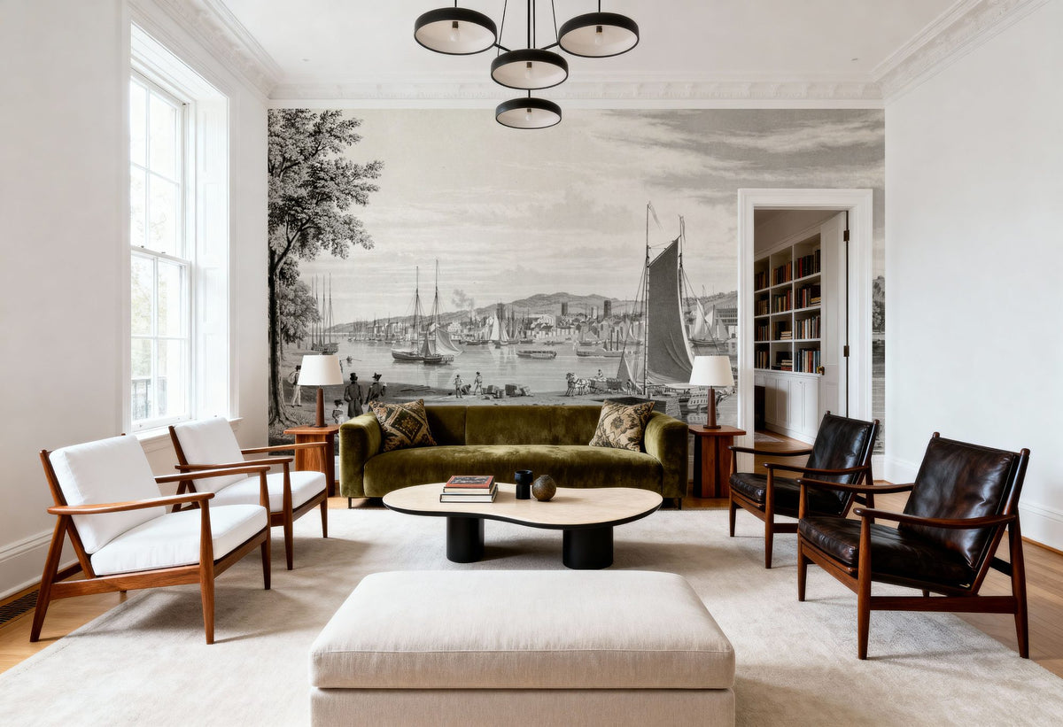 Old View of Troy & Hudson River, 1838 Mural Wallpaper - room preview 02