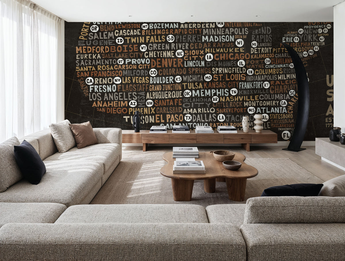 US City Map Black Mural Wallpaper - Dark Tone - room preview 02