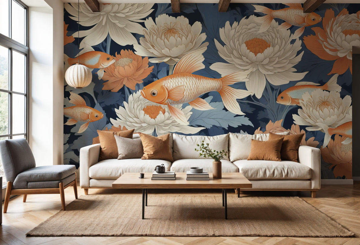 Dancing Fish, Orange on Blue Mural Wallpaper - room preview 02