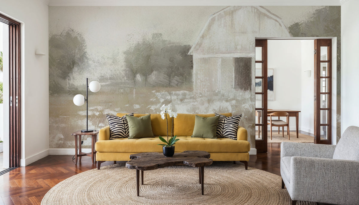 White Barn Meadow Neutral Mural Wallpaper - room preview 02