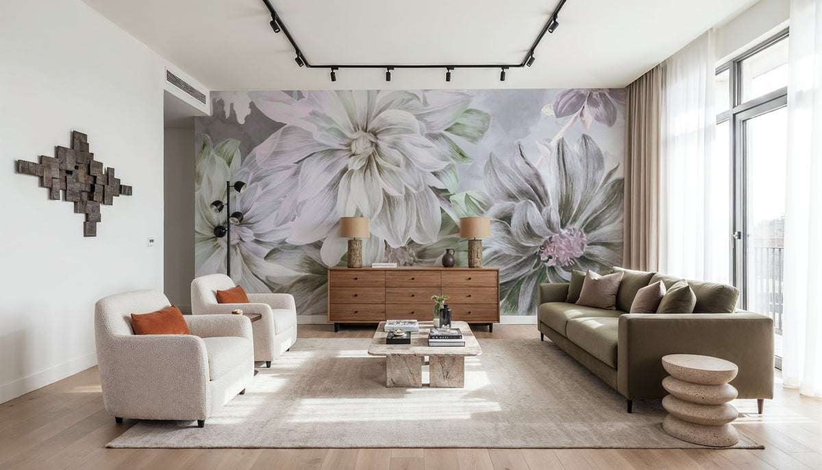 Focus on the Dahlia Light Green Mural Wallpaper - room preview 02