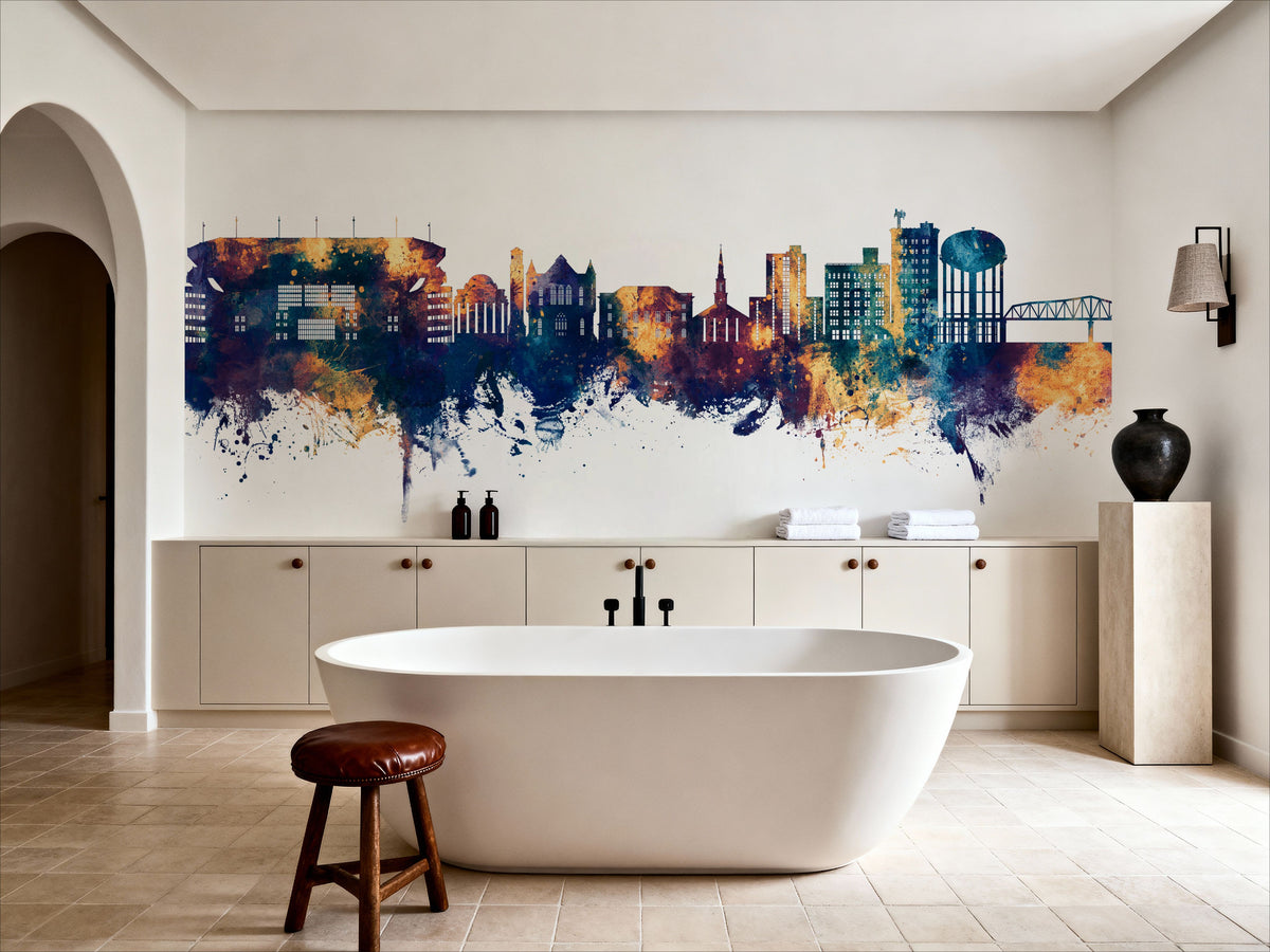 Tuscaloosa Alabama Skyline Blue & Bronze Mural Wallpaper - room preview 02