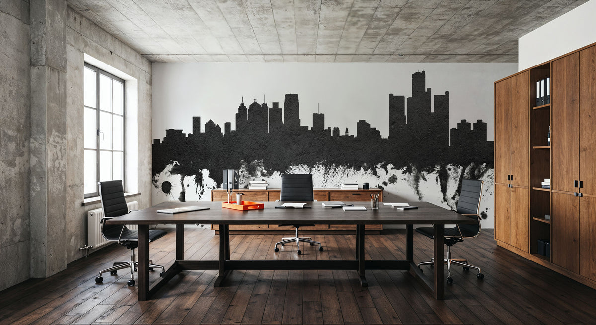 Detroit Michigan Skyline Black & White Mural Wallpaper - room preview 02
