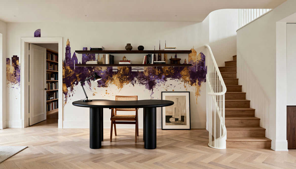 Wroclaw Poland Skyline Purple & Gold Mural Wallpaper - room preview 02